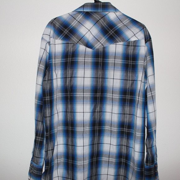 Wrangler Western Wear Long Sleeve Blue Plaid Shirt L (16.5 - 35) - Vintage - Picture 2 of 3